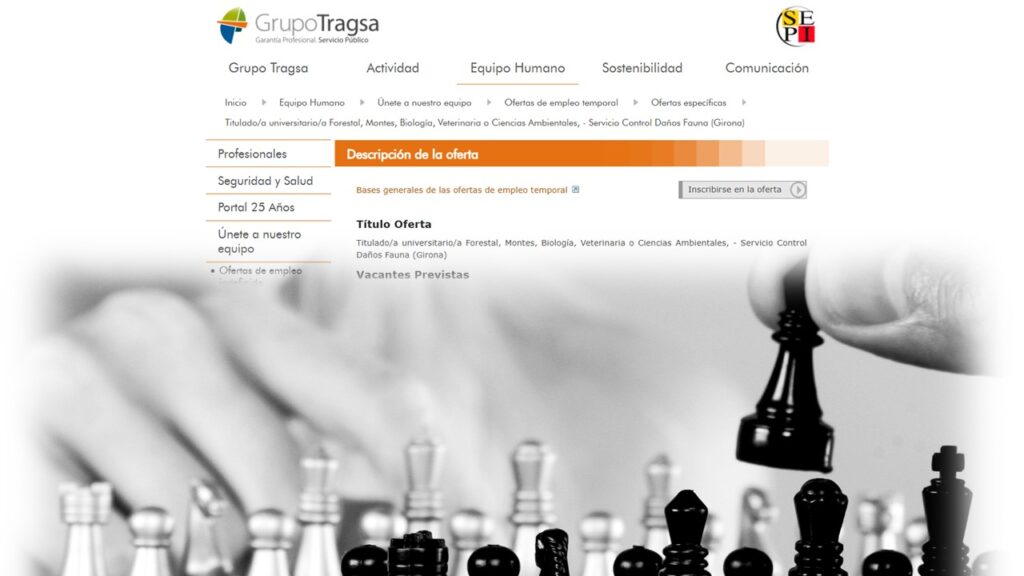 Defensa professional. Oferta de feina control danys de fauna tragsa